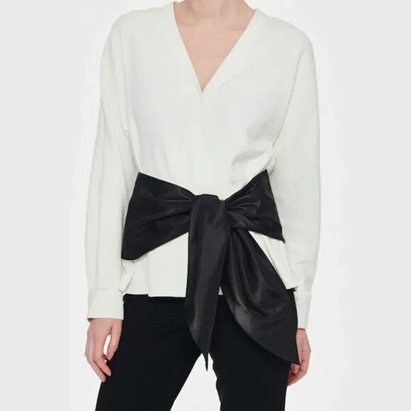 NWT Tibi Chalky Drape Domlan Tie Top Ivory Black Belted Womens Top Size 2 $450 - Picture 1 of 8